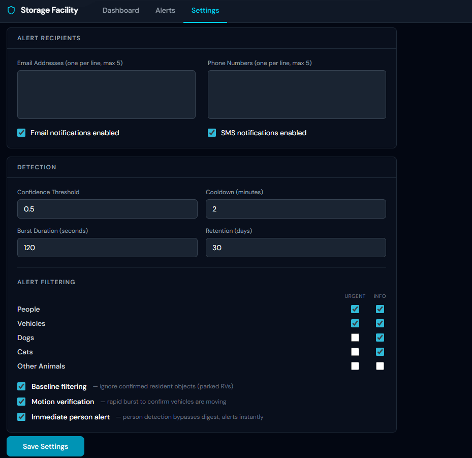 SecuritySight settings panel showing detection configuration: confidence threshold, cooldown, alert filtering matrix for people vehicles dogs cats with urgent and information toggles, baseline filtering, and motion verification options
