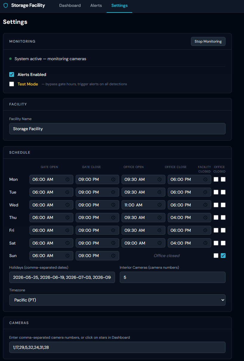 SecuritySight settings page showing facility schedule configuration: facility open and close times, office hours for each day of the week, holidays, timezone, and monitored camera selection